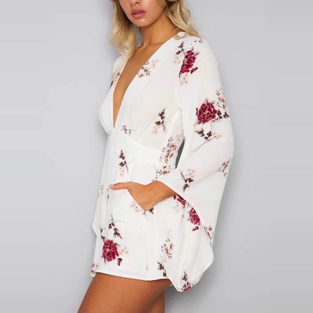 Bell Sleeve Rose Floral Deep V Romper - Picture 6 of 7